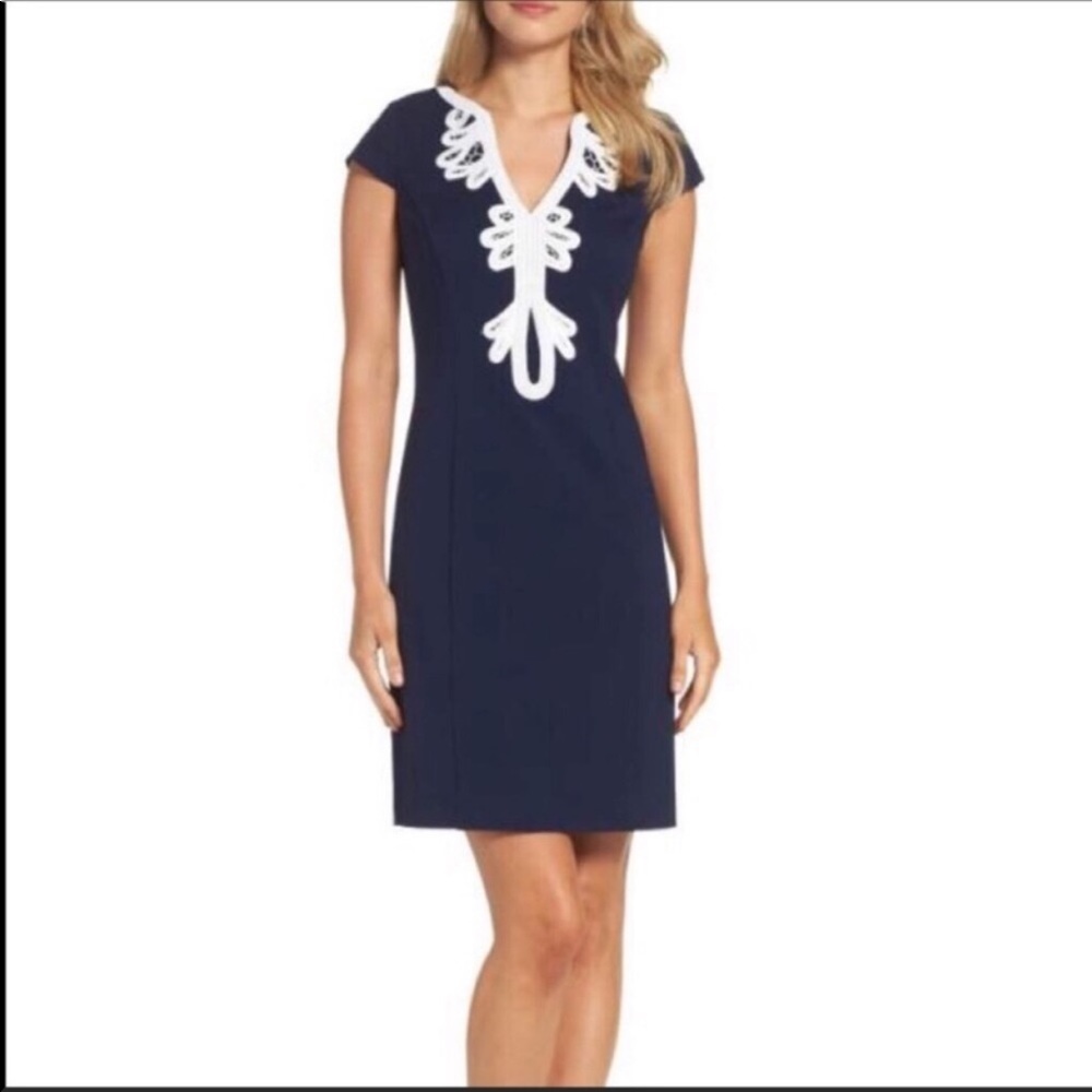 Eliza J Cap Sleeve Sheath Dress Navy White 14 L